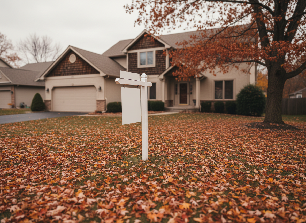 Suburban single-family house with a blank for-sale sign in an autumn front yard