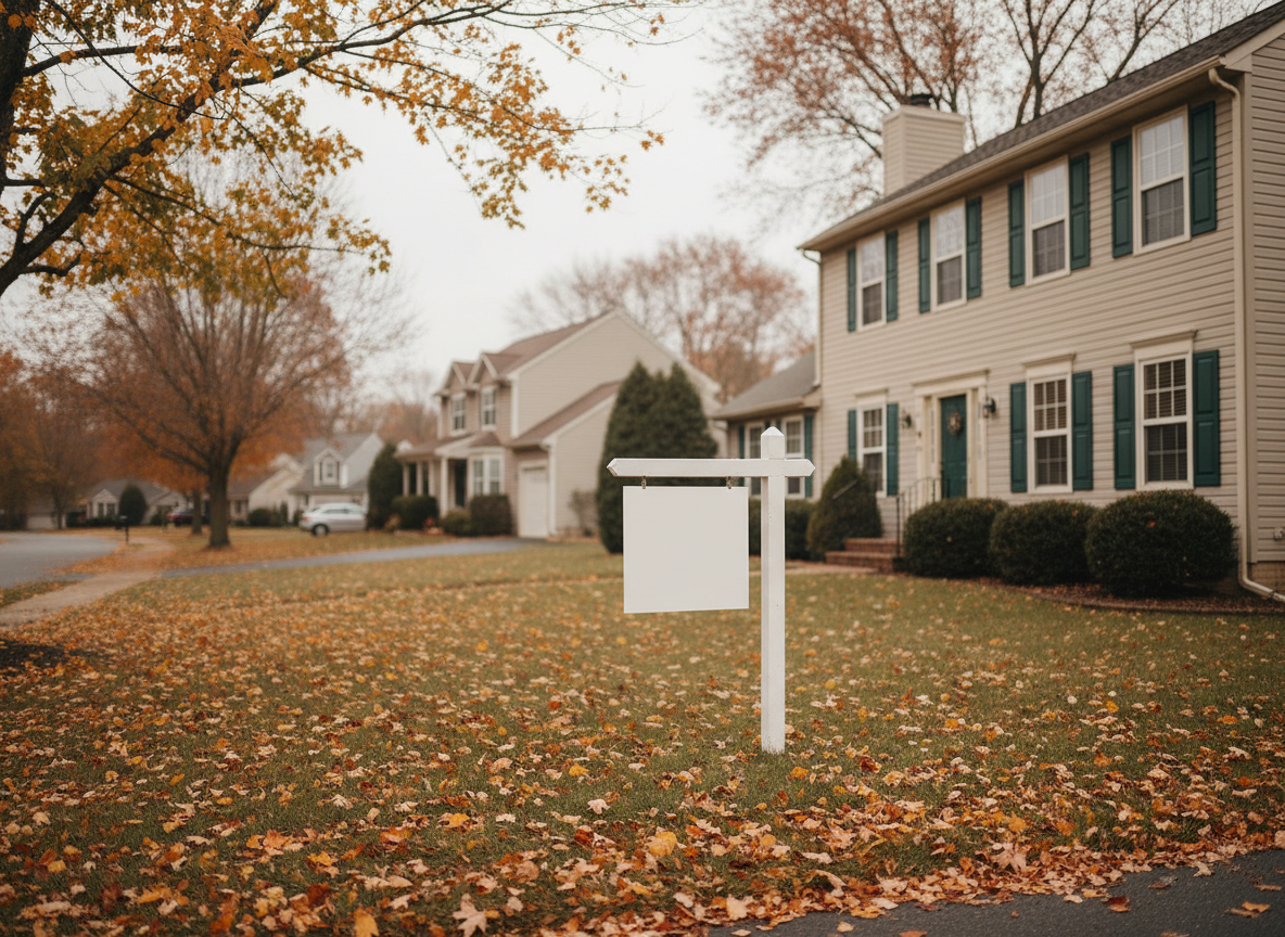 Suburban house with a blank for-sale sign on an autumn lawn