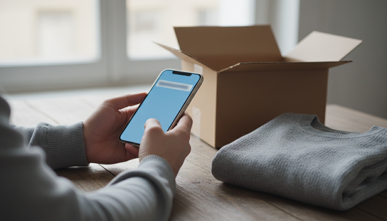 Hands holding a smartphone with a notification on screen beside an online clothing parcel on a wooden table