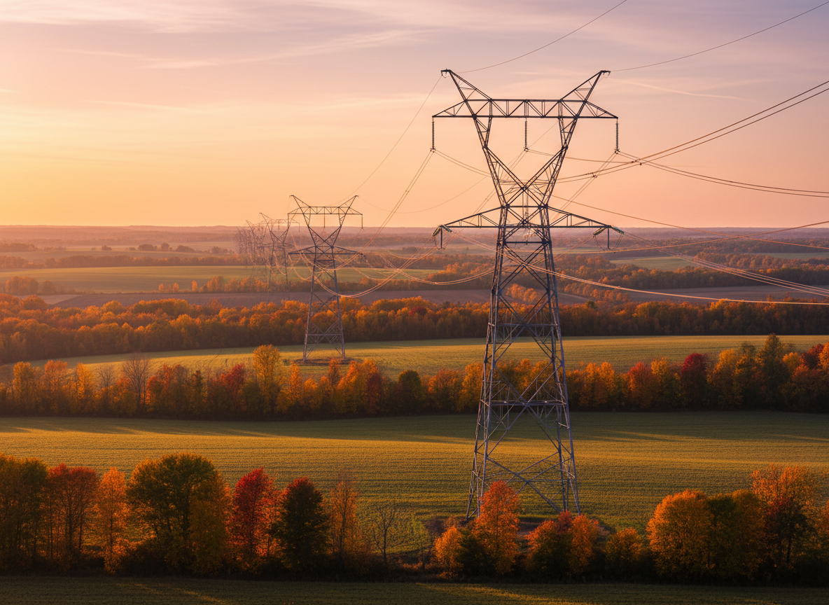 High-voltage transmission towers and power lines crossing autumn farmland at sunset