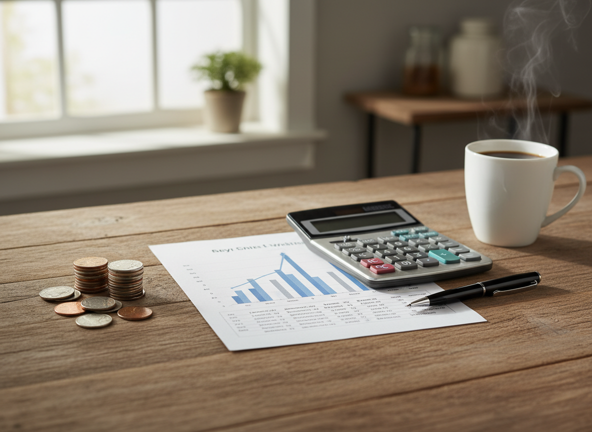 A calculator, coins and a printed chart on a kitchen table in morning light