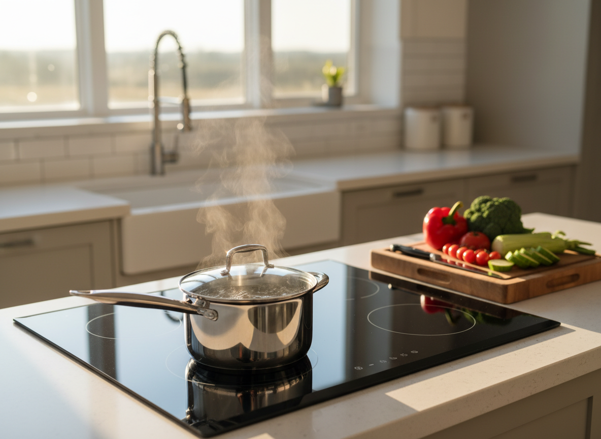 Stainless steel pot boiling water on a black induction cooktop in a bright modern kitchen