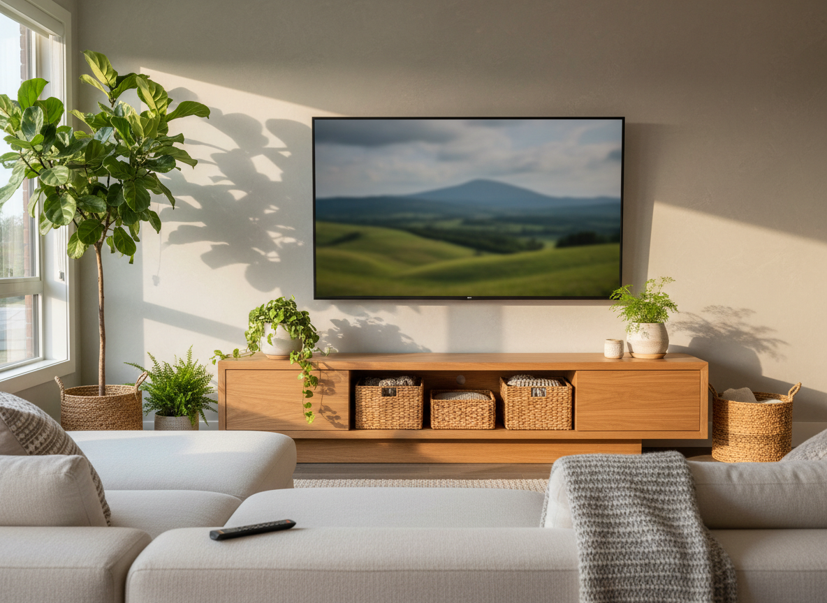 Flat-screen TV on a living room wall with a remote control on the sofa