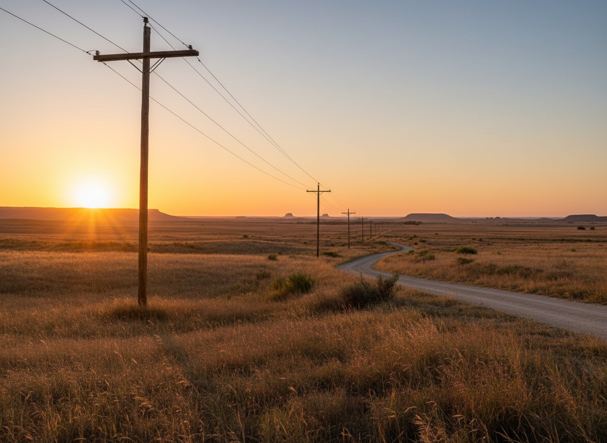 Electric power lines on wooden utility poles running along a rural road across the Oklahoma prairie at sunset