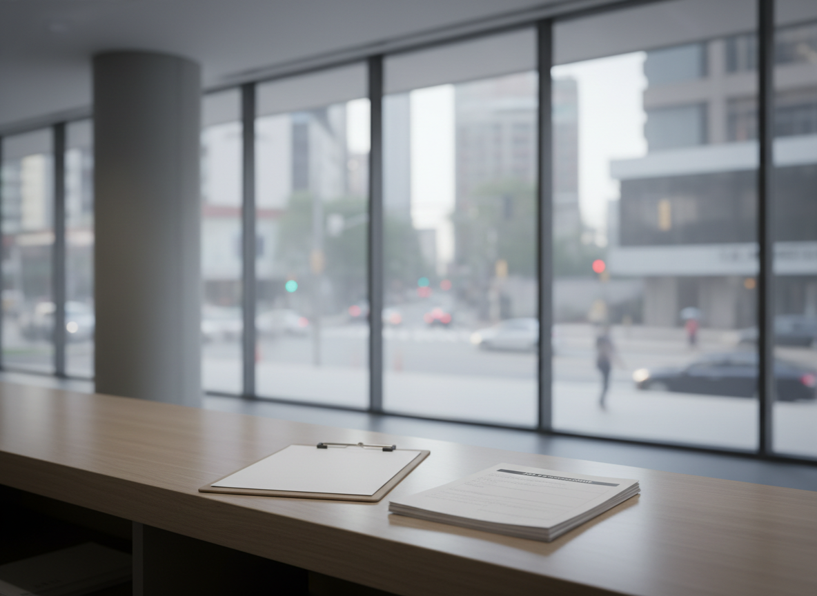 Job application forms and a clipboard on an office reception counter, with a blurred city street in the background