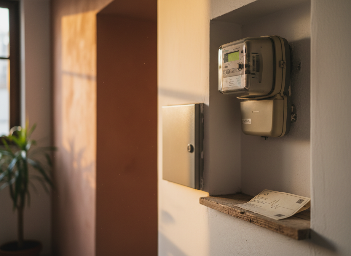 Electricity meter and breaker panel in a Spanish apartment hallway with a paper utility bill on a shelf