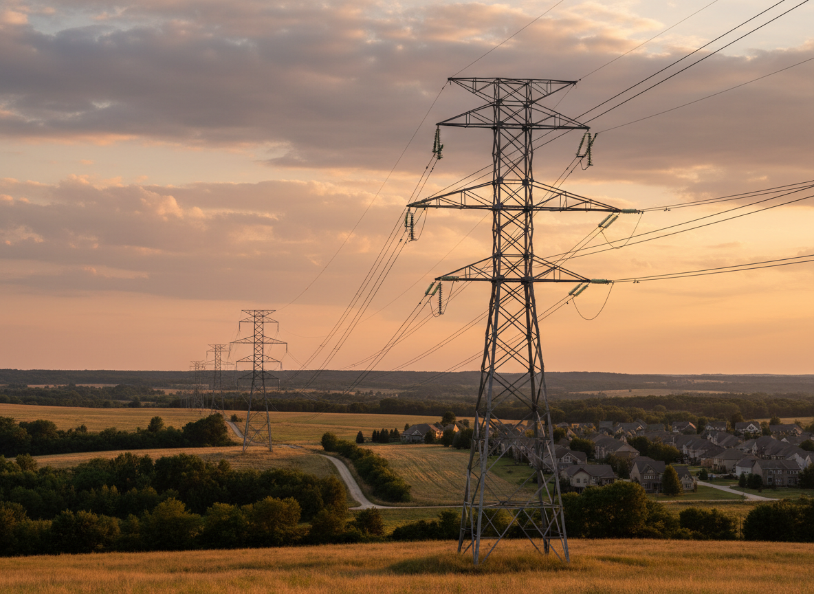 Electric transmission towers and power lines crossing countryside toward a suburban neighborhood at sunset