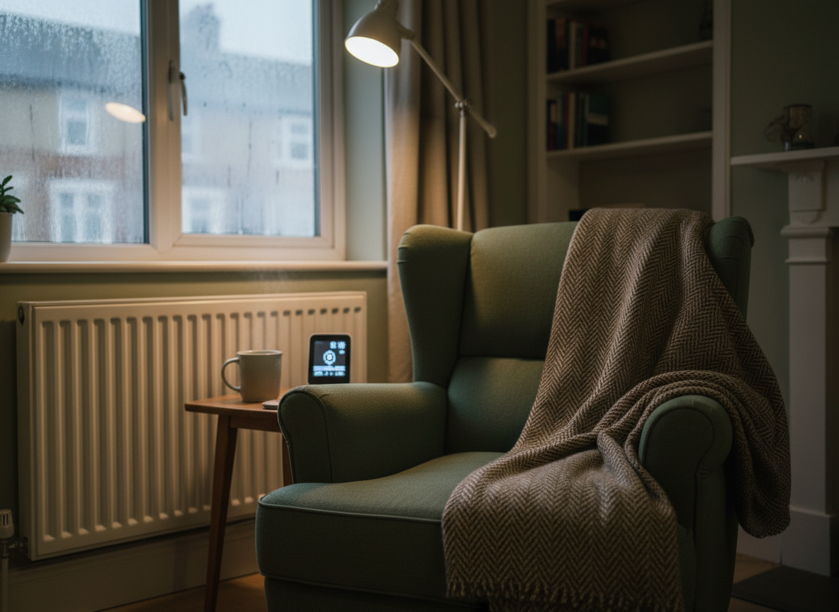 Radiator and energy meter display in a UK living room on an autumn evening
