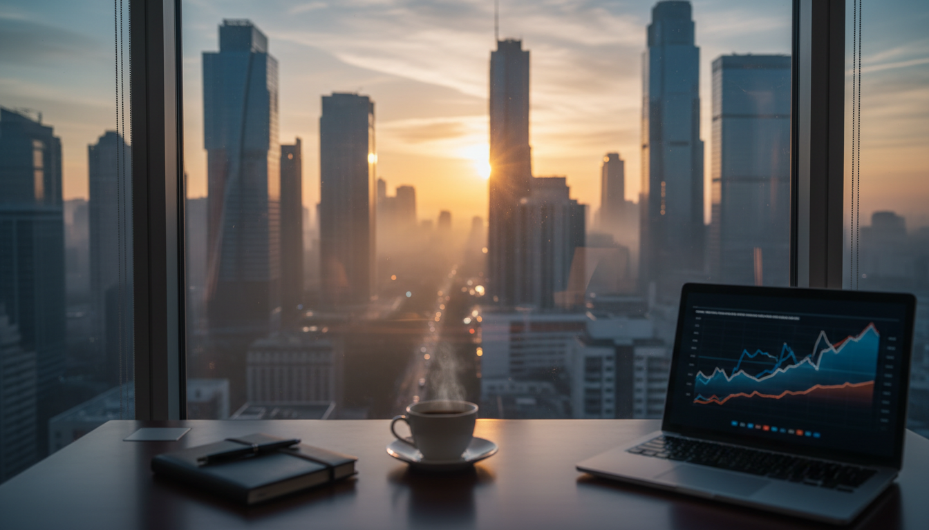 Desk with coffee and a laptop showing blurred charts in front of a window overlooking a city financial district at sunrise