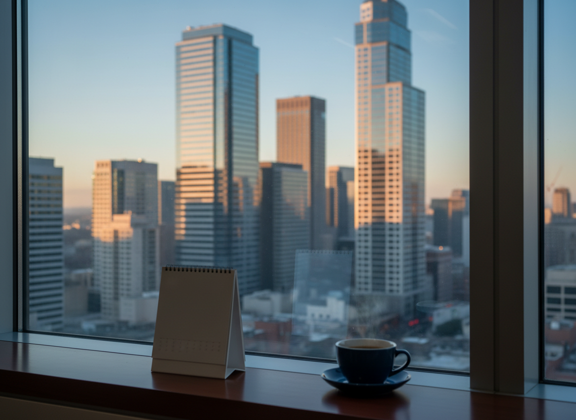 Sunrise over a city financial district seen from an office window, with a desk calendar and coffee cup on the sill