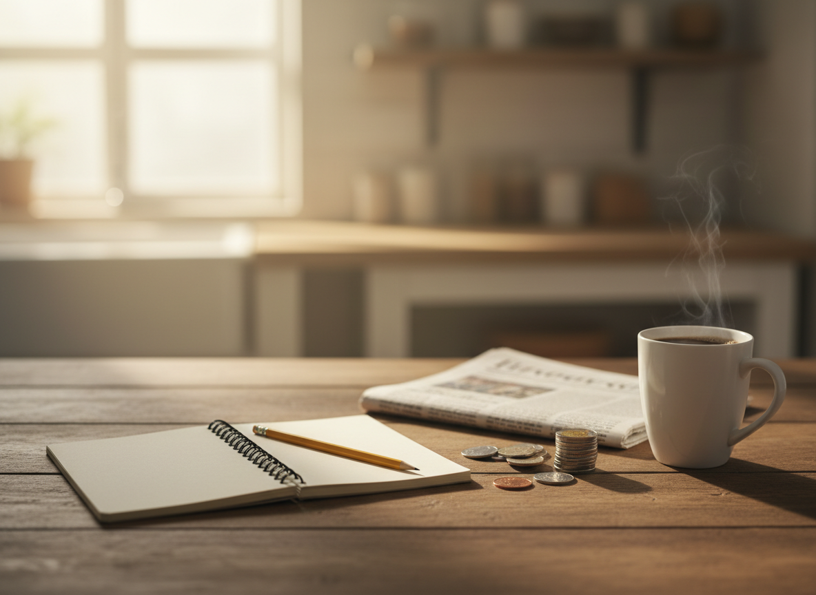 A notepad with a pencil, coins, a folded newspaper and a mug of coffee on a wooden table in morning light