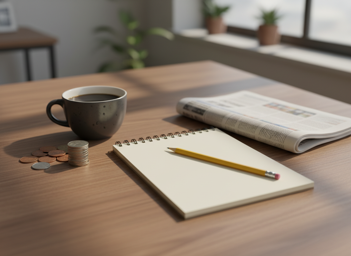 Blank notepad with a pencil, coins and a cup of coffee on a wooden desk