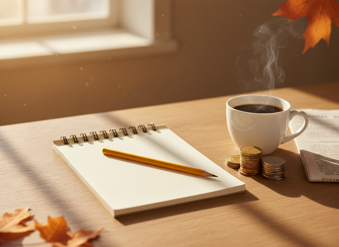 Notepad and pencil beside coins, a folded newspaper and a cup of coffee on a wooden table