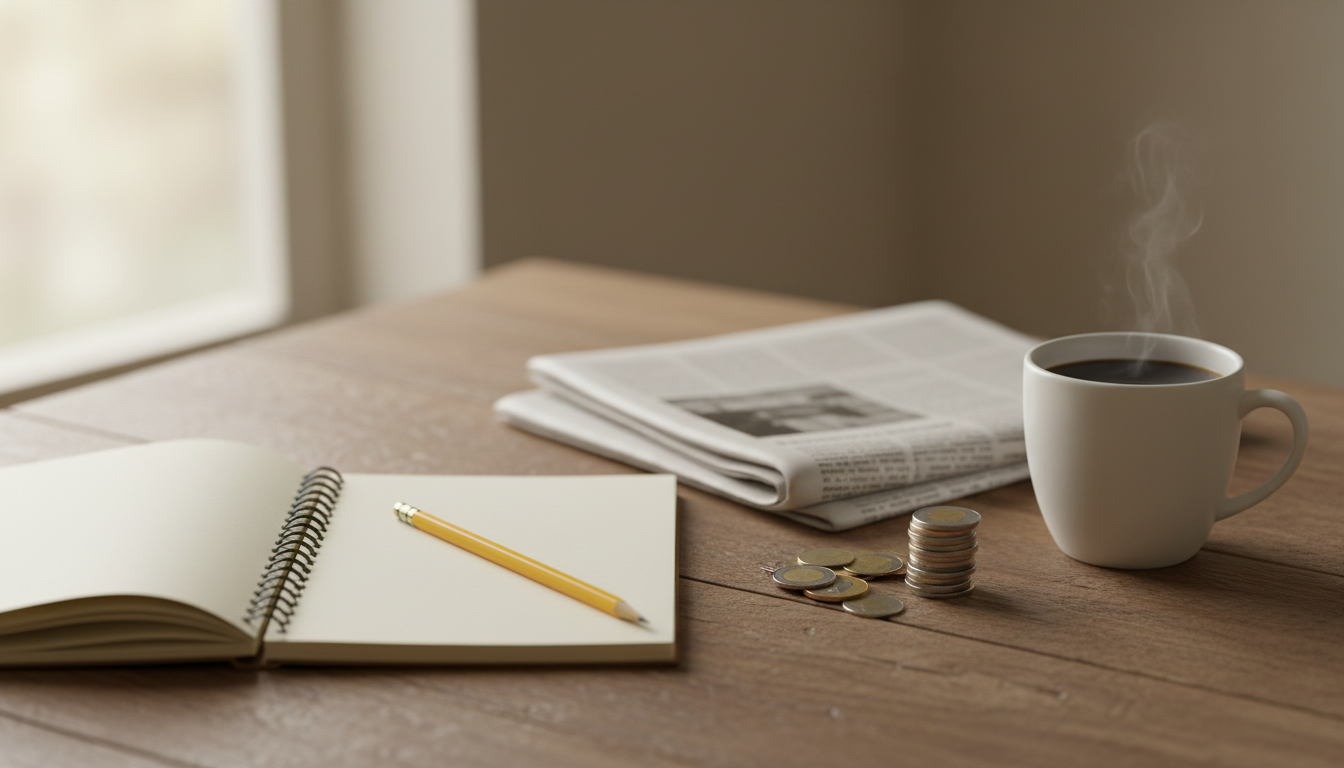 A notepad, pencil, stack of coins, folded newspaper and cup of coffee on a wooden desk