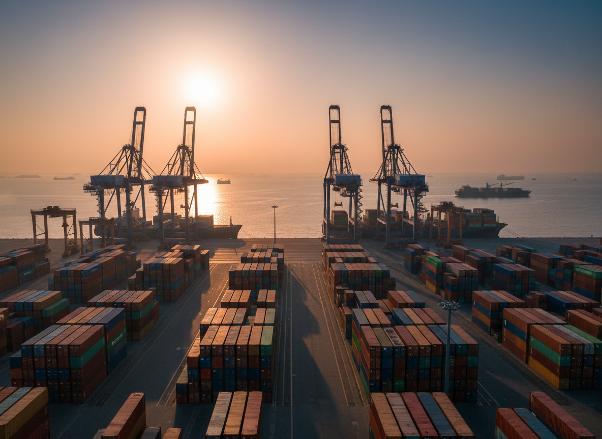 Container port with gantry cranes and stacked shipping containers at dawn