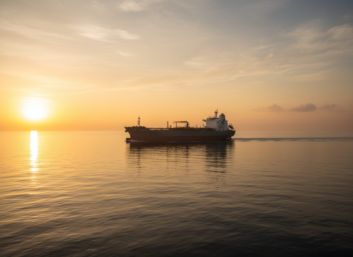 Oil tanker sailing on a calm sea at sunrise