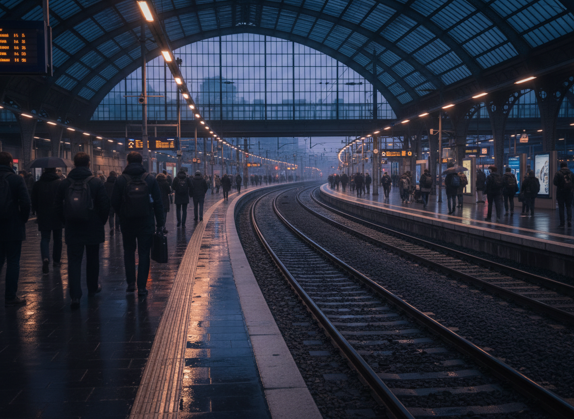 A rain-soaked commuter railway platform at dawn with tracks curving into the distance