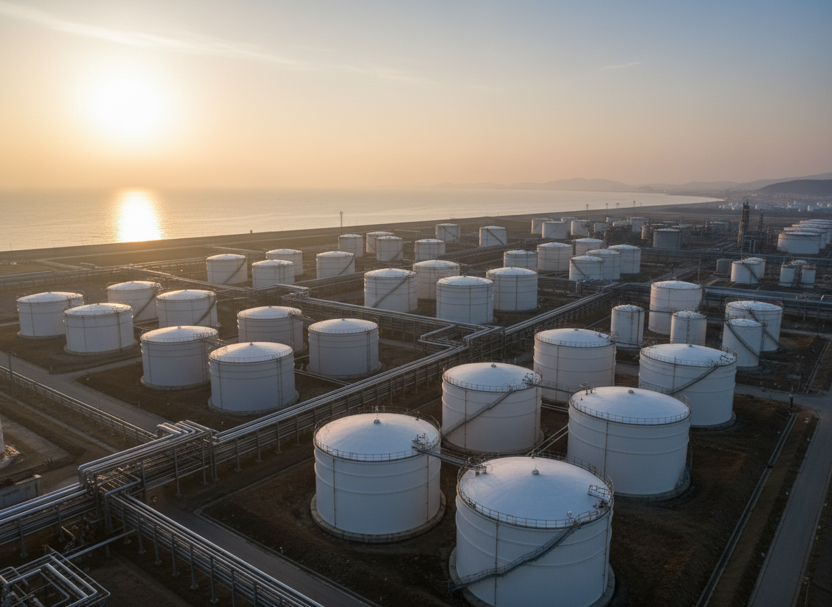 Oil storage tanks and pipelines at a coastal terminal at sunrise