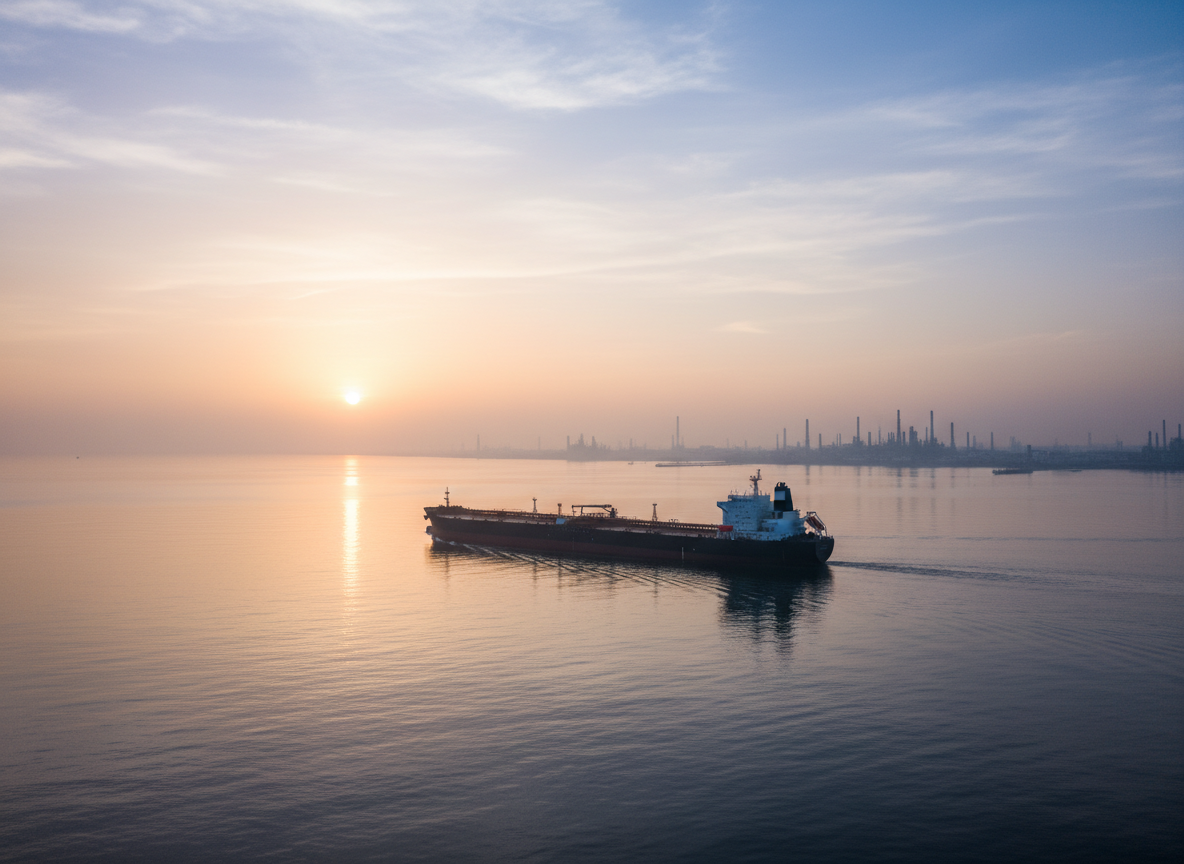 Oil tanker sailing on a calm sea at sunrise with a distant coastline